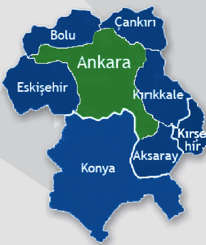 Hizmet bölgeleri haritası: Ankara, Bolu, Çankırı, Eskişehir, Kırıkkale, Kırşehir, Aksaray ve Konya