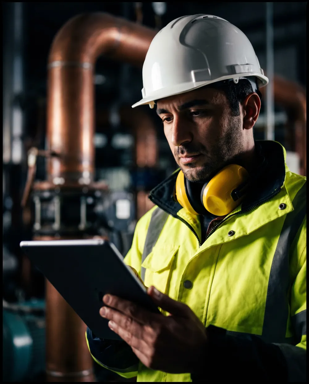 Tablet kullanan, baretli iş güvenliği uzmanı